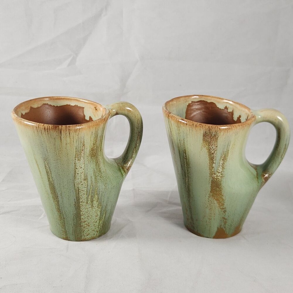 Pair Studio Art Pottery Style Stoneware Coffee Mugs Sage Green Drip Glaze Rustic